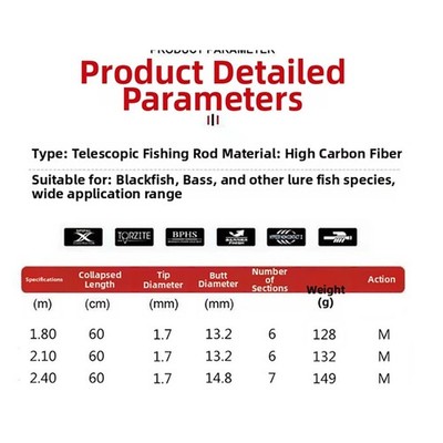 Lightweight Telescopic Carbon Fiber Fishing Rod with Detachable SIC Guide Rings