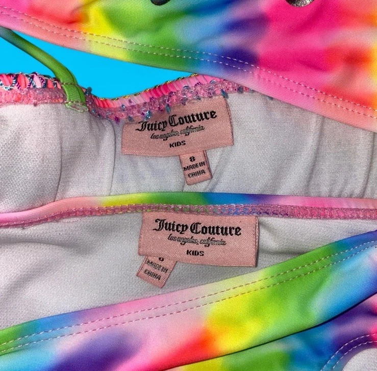 Juicy Couture 2-Piece Swimsuit Girls Size 8 Glam Colorful Rainbow Tie Dye - Image 3 of 4