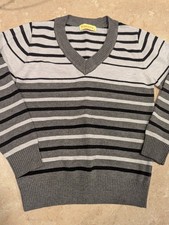 Boy Stripe Gray White V-neck Knit Cotton Sweater School Long Sleeve Comfy Sz 5/6