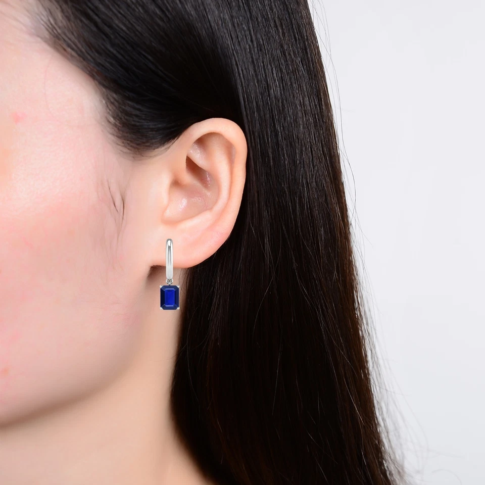 8X6 mm Emerald Cut Lab Created Sapphire 14k White Gold Plated Dangle Earrings - Image 4 of 4