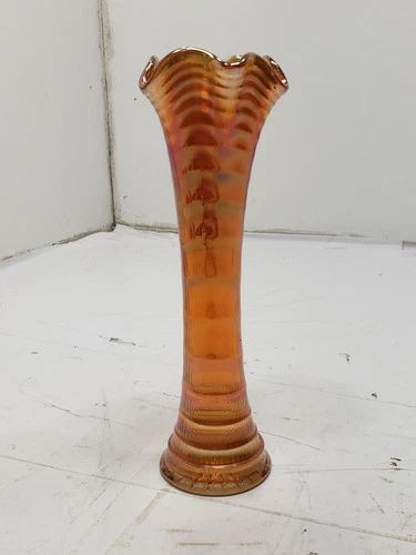 Vintage Fenton Carnival Glass Iridescent Marigold Swung Fine Rib Vase 10” Tall