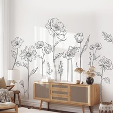 Large Black Boho Flower Wall Decals Simple Sketch Floral Multi-colored
