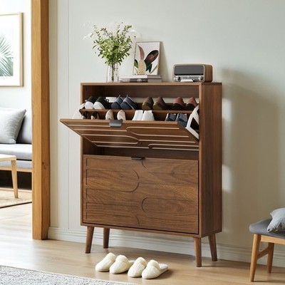 2 Flip Drawers Walnut Shoe Cabinet 31.5-Inch for Corridor Entrance Fence Style