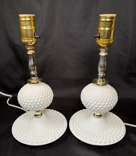 Vintage Set Of 2 Fenton White Milk Glass Hobnail Lamps 12” Rewired Works!