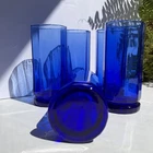 Vintage Anchor Hocking Essex Cobalt Blue Tumbler 10 Panel Bold Barware Set