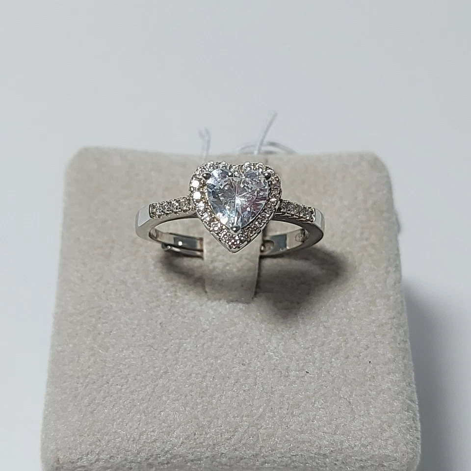 Anello Argento  925 Bianco con Cuore Zirconi Brillanti Elegante Donna Regolabile - Immagine 2 di 4