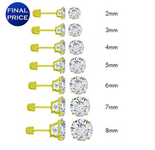 14K Real Solid Gold Solitaire Round CZ Sleeper Stud Earrings Screwback/Pair stud