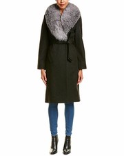 Isaac Mizrahi Fox Fur Lapel Charcoal Grey Alpaca Wool Blend Wrap Coat