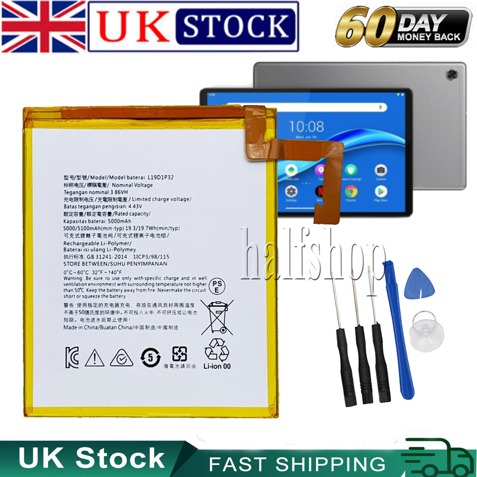Battery L19D1P32 for Lenovo Tab M10 Plus TB-X606F TB-X606X 10.3 Inch with Tool