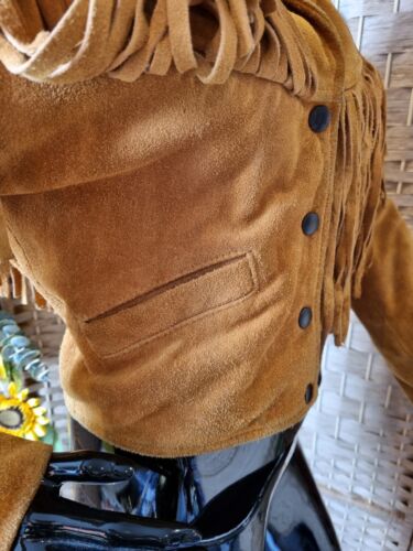 Vintage Retro Leather Suede Fringed Jacket Sz Small American Biker Tan Brown FAB - Picture 9 of 13