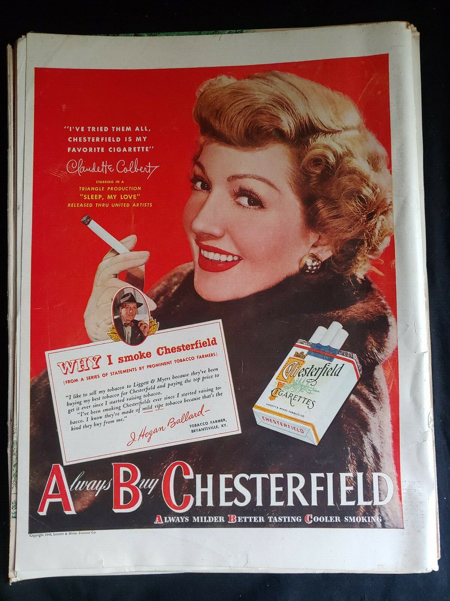 love's cigarette prices Vintage 1948 Orig Magazine Ad Chesterfield Cigarettes ABC's Claudette  Colbert