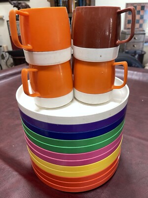 Heller Massimo Vignelli 20 Piece Color Plate Set Vintage Plastic + Thermos Cups