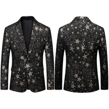 Men Star Pattern Tuxedo Jacket Top Formal Dress Suit Blazer Party Prom Coat Tops