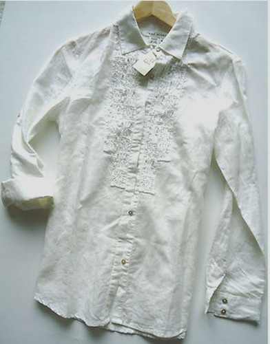 Max Studio Crochet Front Elbow Sleeve Linen Shirt PS NWT $89 - Picture 3 of 3