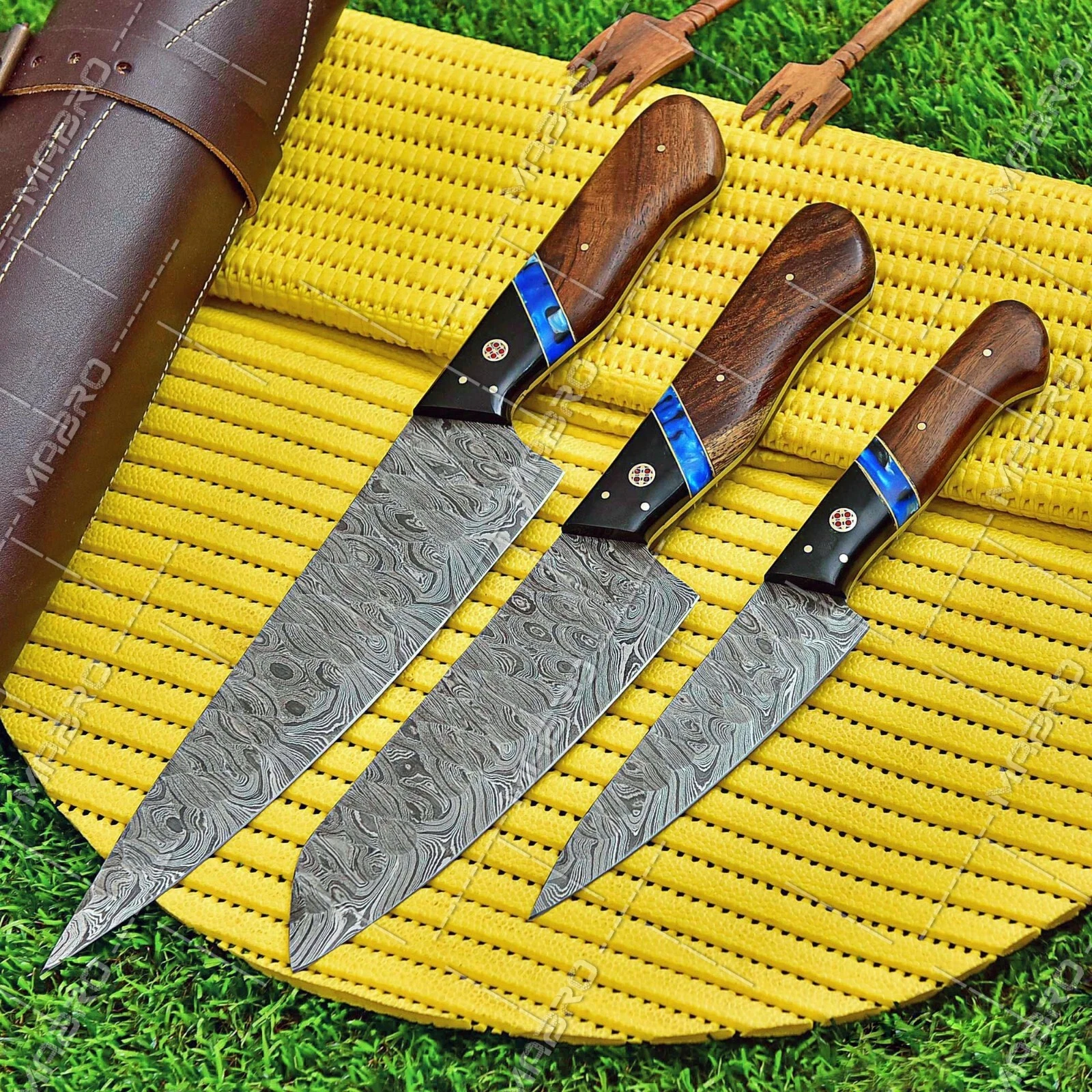 Custom Handmade Damascus Steel 3PC's Kitchen Knives Set Chef Knife With Roll Bag