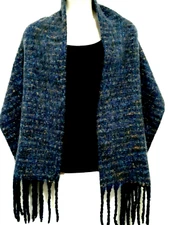 Blue Blanket Scarf Soft Chunky Knit Shawl Wrap Womens Fringe 70"X 20" Grandma