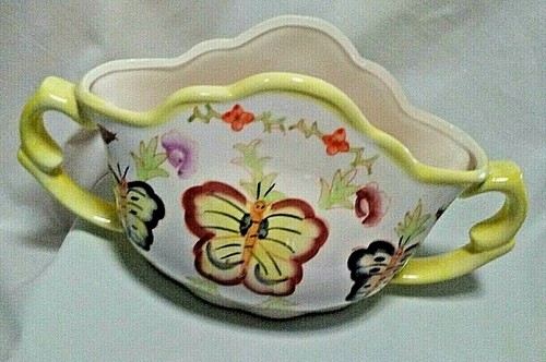 Double Handle Flower Vase 6" H X 10" L Multi-Color Butterly Design Yellow Trim - Picture 2 of 10