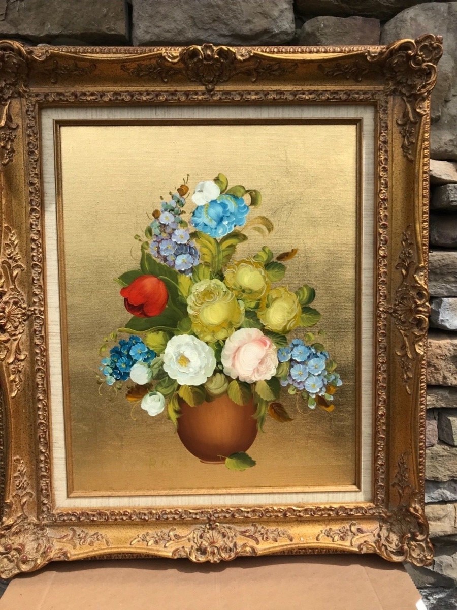 R. Rosini サイン入り 油彩画 花の静物 額装 F4号 インテリア ORIGINAL OIL PAINTING BY R. ROSINI OF FLORAL ARRANGEMENT WITH VASE