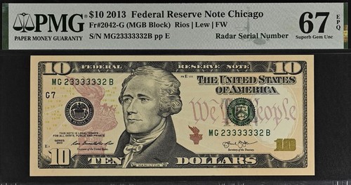 2013 $10 Federal Reserve Note PMG 67EPQ - Near Solid Plus Radar 23333332 2333333 - Picture 2 of 5