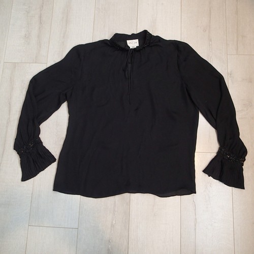 Oscar De La Renta silk blouse size 12 beads sequins pleated cuffs tie top - Picture 11 of 20