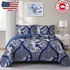 Navy Quilt Set King Size, Boho Damask Bedspread Coverlet Set Soft Lightweight...