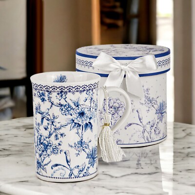 Blue Flowers Bone China Mug Porcelain Cup Coffee Tea Mug Blue White Mug 320 ml