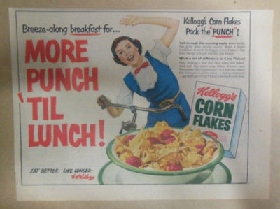 Kellogg's Cereal Ad: Corn Flakes Cereal Punch Till Lunch ! 1951 7.5 x 10 inches