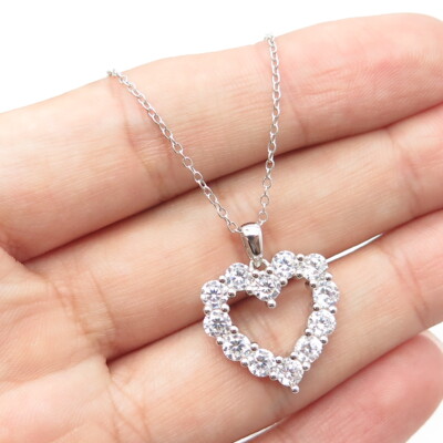925 Sterling Silver White C Z Open Heart Cable Chain Necklace 18''