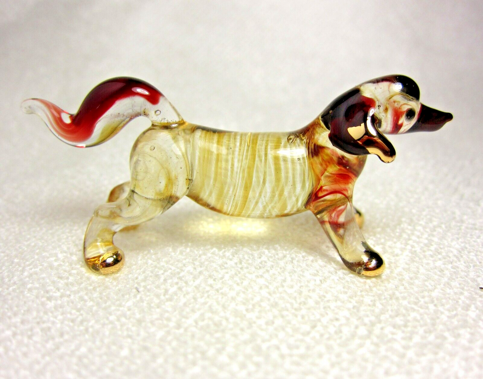 Amber dachshund wiener dog figurine hand blown Glass gold trim 2.5