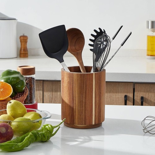 Acacia Wood Utensil Holder for Kitchen Counter, 360° Rotating 7.2" Large Cooking - Picture 2 of 7