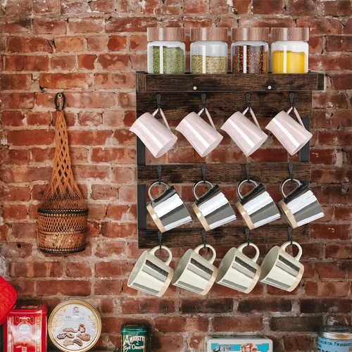12 Hooks Wall Mounted Coffee Mug Holder kitchen Display Storage Collection Shelf - Picture 2 of 10