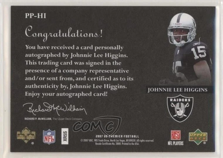 2007 UD Premier Penmanship /99 Johnnie Lee Higgins #PP-HI Rookie Auto RC - Image 2 of 2