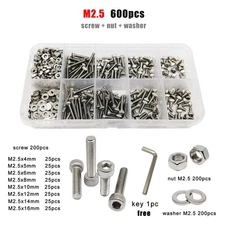 M2.5 SUS304 Allen Hexagon Hex Socket Cap Head Screw Bolt Nut Washer Set Kit