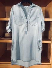 Beach Lunch Lounge Light Blue Chambray Shirt Dress S Button Pockets 3/4 Roll Tab