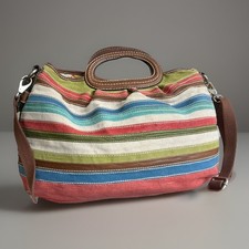 Fossil Key-Per Striped Canvas Satchel Crossbody Bag. Leather Cutout Handles VTG