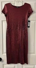 Bebe Sequin Stretchy Red Midi Pullover Cap Sleeve Dress, Size Small