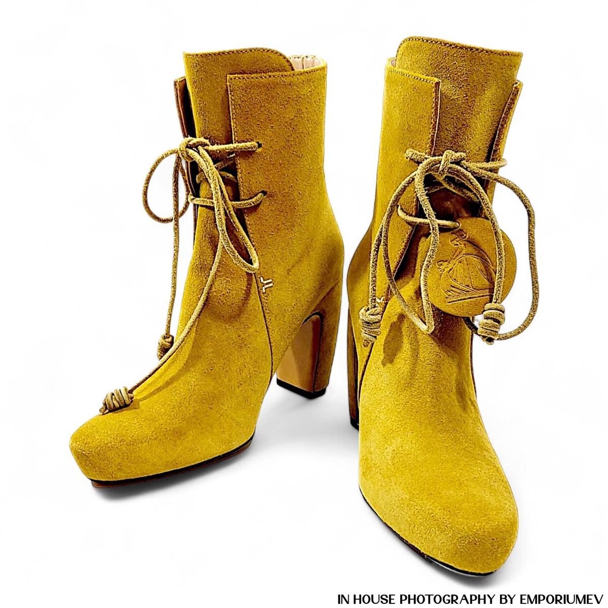 Lanvin Mustard Yellow Suede Ankle Boots Lace Up Heeled Booties EU