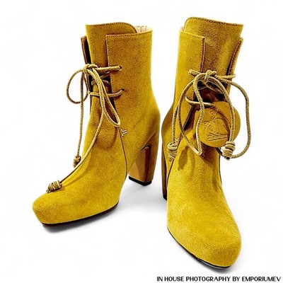 靴 YELLO TEDDY LONG BOOTS Lanvin Mustard Yellow Suede Ankle Boots Lace Up Heeled Booties EU