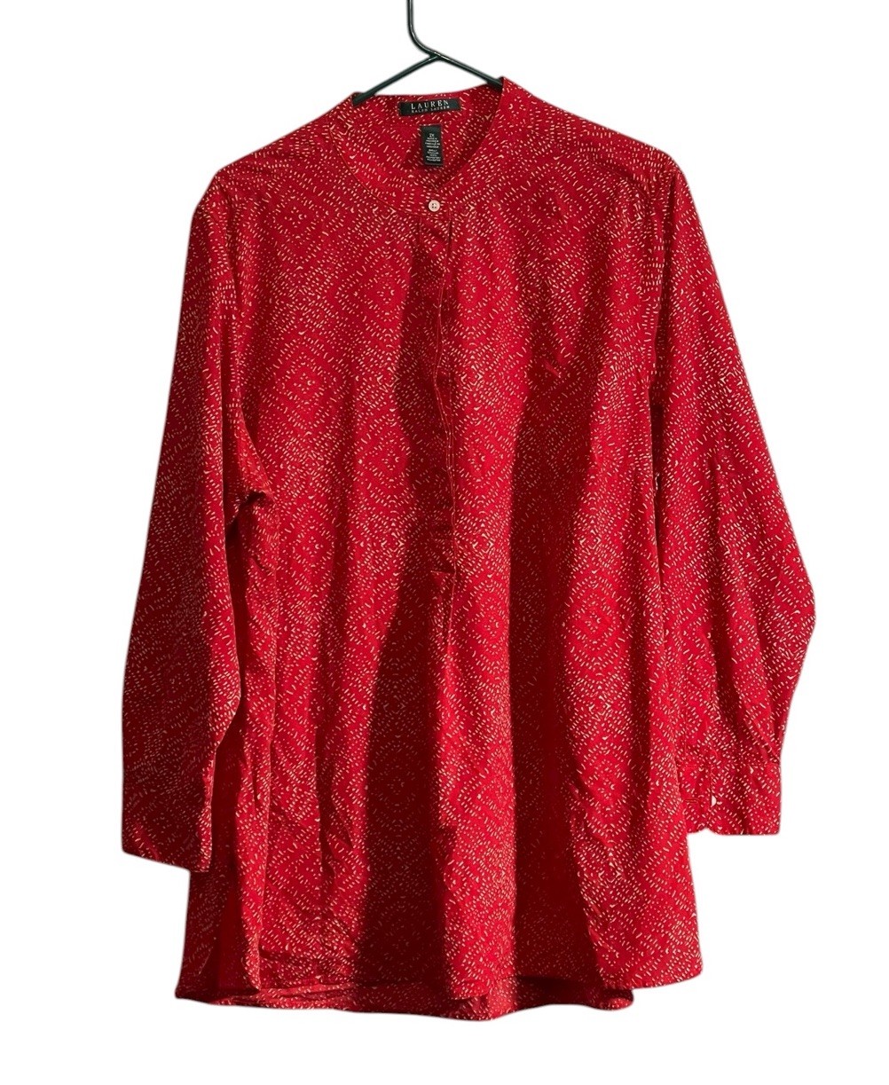 Lauren Ralph Lauren Women 2x Blouse Button Front Long Sleeve Red/Orange