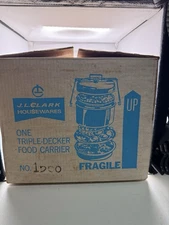 Vintage '60s Metal J L Clark Cake Food Carrier Picnic Camping Triple Decker NOS