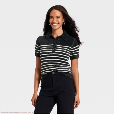 Women's Short Sleeve Polo Collar Fuzzy Polo T-Shirt - A New Day Black Striped M