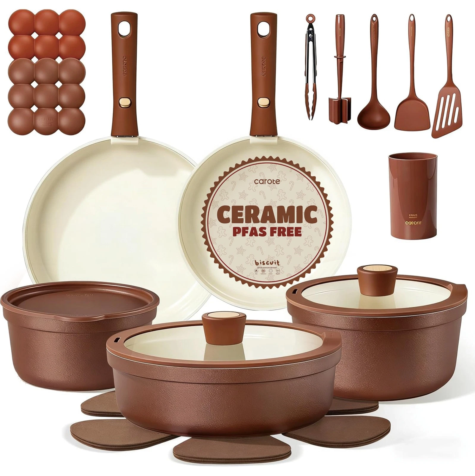 Ceramic Cookware Set 22Pcs Non Stick Removable Handles Induction CAROTE Pots