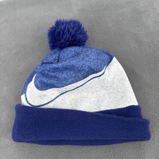 Nike Youth Blue White Pom Beanie Hat Swoosh Cuffed Winter Knit Cap Boys