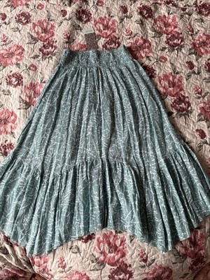RIVER Bohemian Tiered Smocked Waist Midi Skirt Abstract Floral Green Women s SML