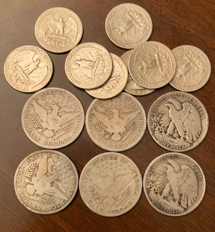 Lote (1909-1958)-($5-FV)=Barbero+Media DOL+Cuartos LAVADOS-90% Monedas de Plata de EE. UU. Foto 2 de 2