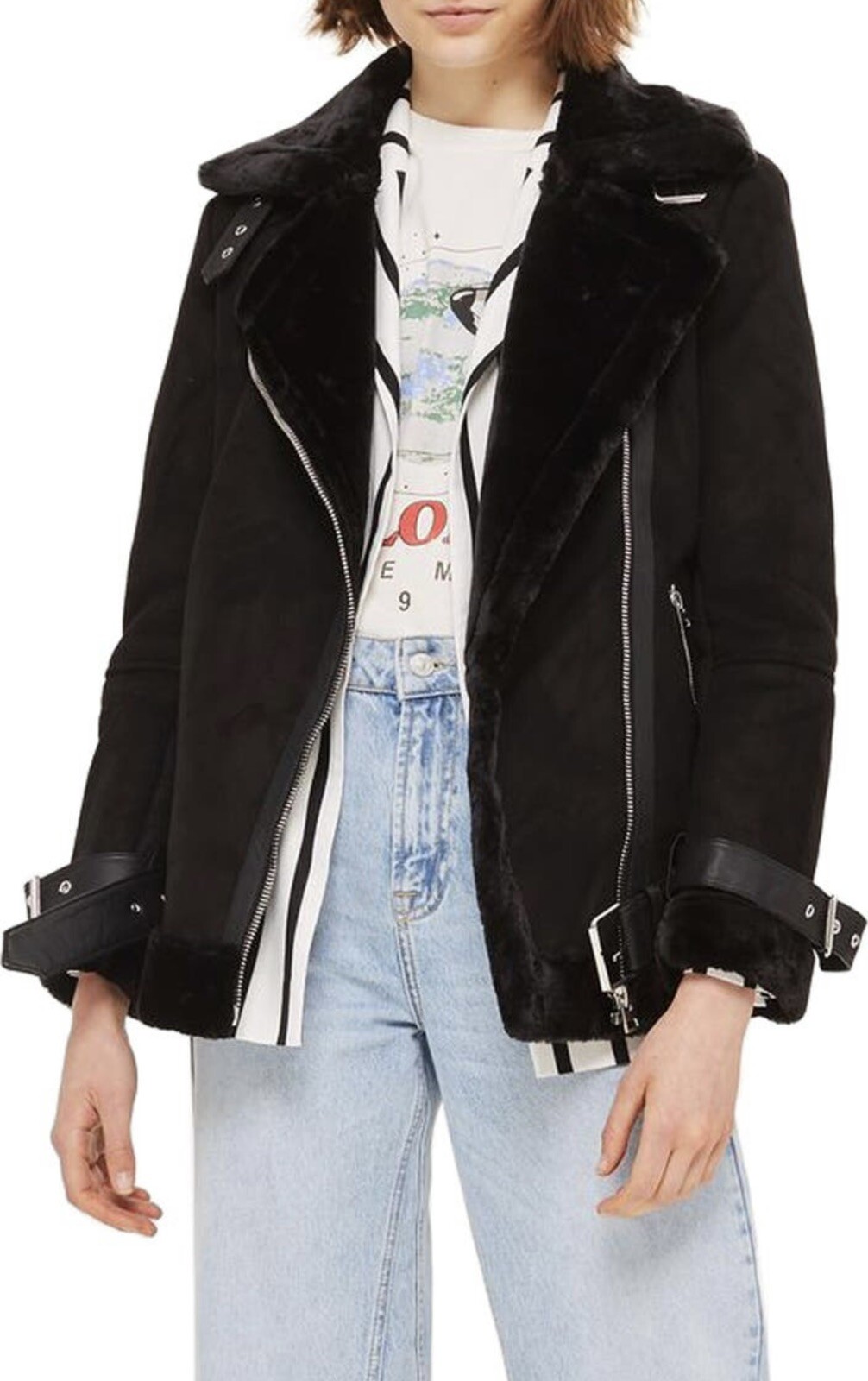 Faux Shearling Black Moto Biker Jacket Gem