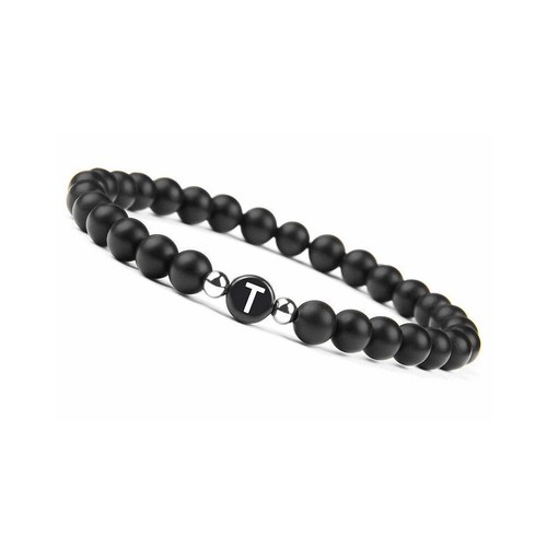 US Initialen Armband 6mm matt schwarz Onyx Buchstabenarmband Alphabet Paar Unisex - Bild 30 von 36