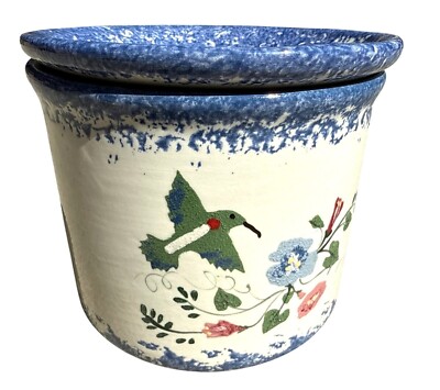 Hand-Painted Ceramic Dip Crock Hummingbird Floral  Speckled Rim Hot Or Cold Dips