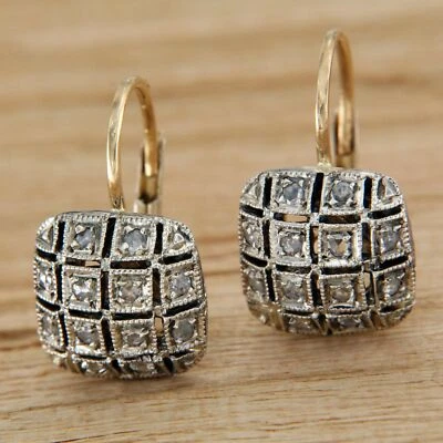 Orecchini ORO Giallo 14 kt. DIAMANTI Toppa Monachella Stile Antichi Epoca