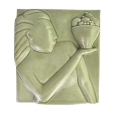 Donna Polseno Art Deco 3D Relief Ceramic Hanging Art Tile Woman Holding Fruit